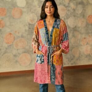 Patchwork Floral Boho Cotton Tie Robe w/Pockets Made In India Small/Medium